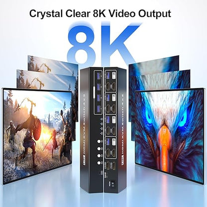 8K@60HZ 4K@120Hz HDMI KVM Switch 2 Monitors 4 Computers with 4 Port USB 3.0 Hub, 4 Port Dual Monitor HDMI KVM Switch for 4 Computers Share 1 Set of Keyboard, Mouse and 2 Monitors