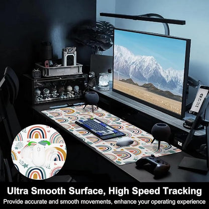 Mouse Pad, Large Boho Rainbow Desk Mat, Extended Non-Slip Gaming Keyboard Mousepad Desk Pad, Thick Stitched Edges Waterproof Mouse Mat 31.5"x15.7" (Scandi Rainbow and Stars Clouds)