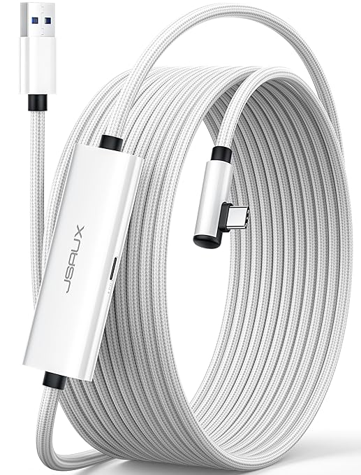 JSAUX Link Cable with 18W Charging 16ft, Compatible with Oculus Meta Quest 3S/ 3/ 2/ Pro and Pico 4, PC VR, Steam VR Accessories, 2-in-1 High Speed 5Gbs USB3.0 to USB C Data Cord for VR Headset