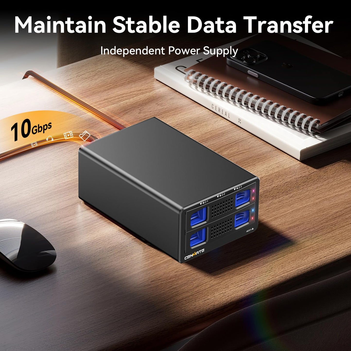 CENMATE Hybrid 2.5/3.5" SATA HDD/SSD+3* M / B+M Key M.2 NVMe Enclosure with Cooling Fan and USB A/C 3.2 Gen 2 (10Gbps), Hard Drive Enclosure Support 46TB(22TB HDD+3*8TB 2230/2242/2260/2280/22110 SSDs)