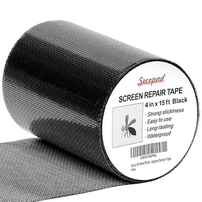 Black Window Screen Repair Tape, 4 in X 15 FT (180IN) Screen Repair Kit for Windows or Doors, Strong Adhesive Fiberglass Mesh Patch Tape