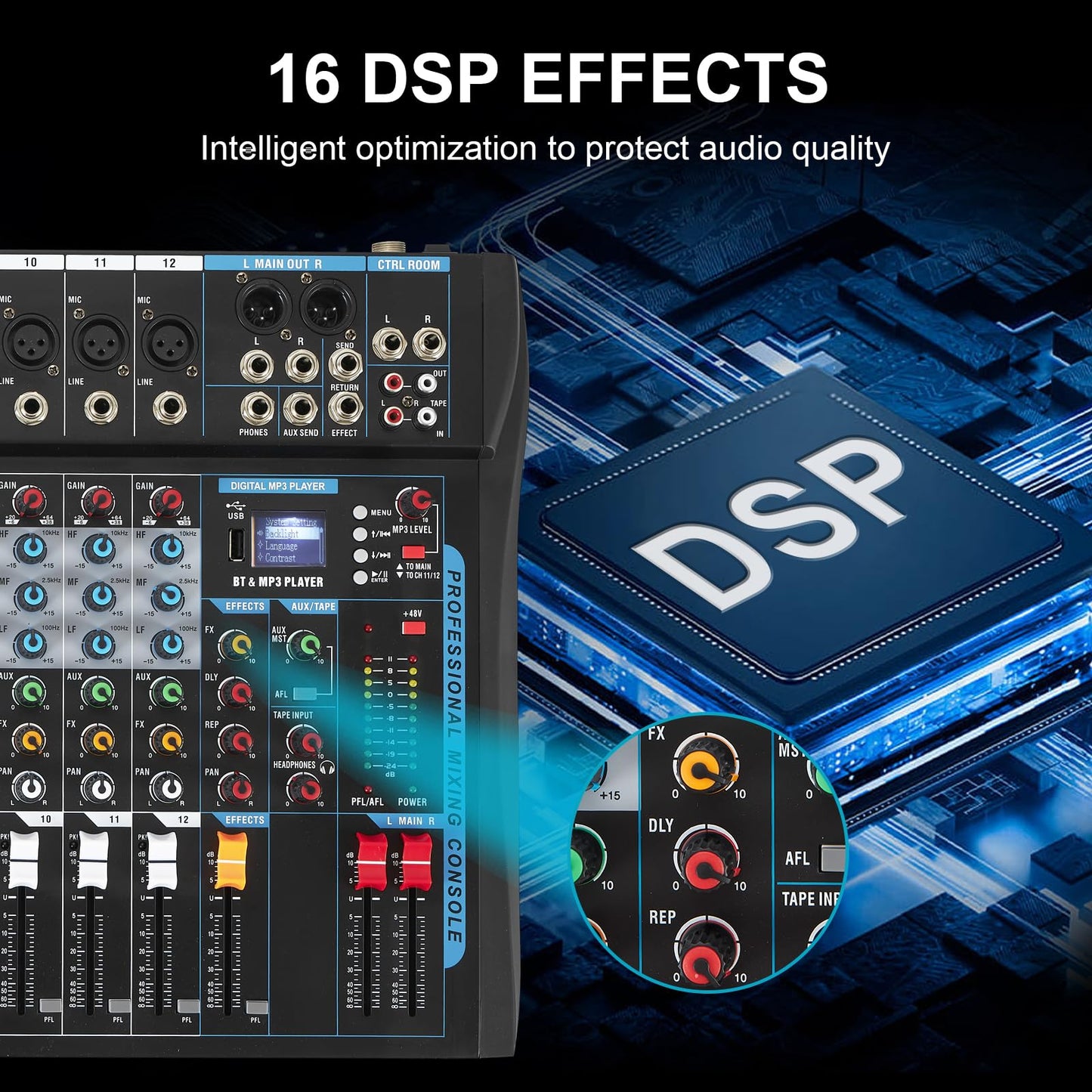 SIKUING 12 Channel Audio Interfacer Sound Board Mixer DJ Mixer 16-Bit DSP Effect USB Audio Mixer +48V Phantom Power Bluetooth Mixer for Karaoke Studio Streaming Recording,Live Streaming
