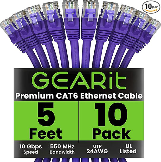 GEARit Cat 6 Ethernet Patch Cable 5 ft Purple (10 Pack) Cat6 Patch Cables 5ft Purple/Ethernet Patch Cable, 10Gbps 550MHz 24AWG Pure Copper, Snagless, Gold Plated RJ45 for Router, Server, Router, PC