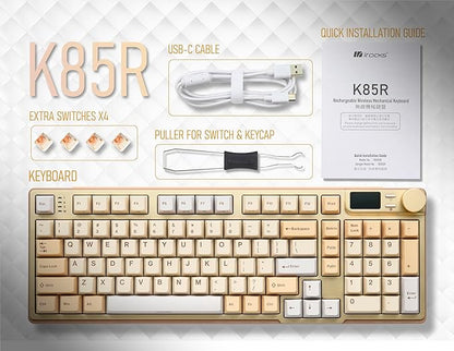 iRocks K85R Wireless RGB Backlit Mechanical Gaming Keyboard with LCD Display, Hot-Swappable Pre-lubed Switches, 98 PBT Keys, USB-C Detachable Cable (Light Golden, Silent Bubble Switch)