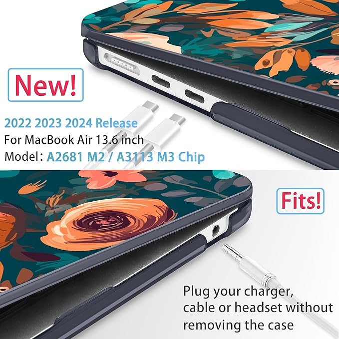 Mektron for 2025 M4 MacBook Air 13.6 Inch A3240 Case Fits 2023 A2681 M2 2024 A3113 M3 Chip with Liquid Retina Display Touch ID, Printed Plastic Hard Shell Cover for MacBook Air 13.6", Abstract Florals