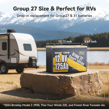 Power Queen 12.8V 125Ah Bluetooth LiFePO4 Battery, Group 27 Size &1600Wh Energy, Deep Cycle Lithium Battery with Low-Temp Cut Off, Perfect for RV, Marine, Off-grid, Solar System, Backup Power