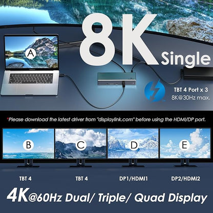 WAVLINK Thunderbolt 4 Dock with 100W Charging, Displaylink Docking Station Quad 4K@60Hz Monitors,3 Thunderbolt 4 Ports, 2.5G Ethernet, USB C Docking Station for Mac and PC,Displaylink Driver Required