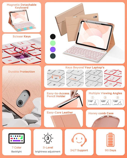 Folio Keyboard Case for iPad 10th Gen 10.9 inch (2022) and iPad 11th (A16, 2025), Magnetic Wireless Detachable Keyboard, 7-Color Backlight, Thin & Light, Pencil Holder (Pink)