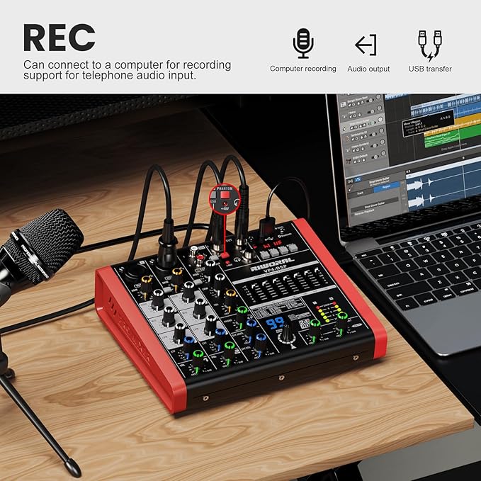 4 Channel Audio Interface DJ Mixer With 99 DSP Effects XLR 1/4 inch Jack For MIC/Musical Instrument USB PC Phone Bluetooth Music Audio Mixer for karaoke Stage Streaming Studio