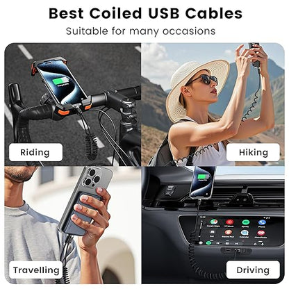 Coiled USB A to USB C 2Pack 3FT Braided Retractable Fast Charging Cable for Car, Compatible with iPhone 16/15 Pro Max/Galaxy S24/S23/S22, Supports Car Play & Android Auto-Black