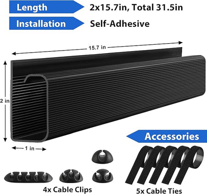 Cable Management Under Desk 31.5in (2X L15.8in) J Channel, ZhiYo Cord Organizer for Desk, Self-Adhesive Cable Organizer, Cord Management Wire Organizers for Cords, Wire Management Cable Raceway Black