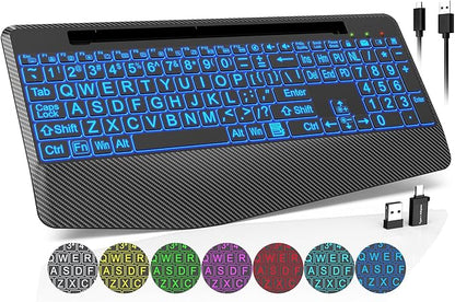 Wireless Keyboard with 7 Colored Backlits, Wrist Rest, Phone Holder, Rechargeable Ergonomic Computer Keyboard with Silent Keys, Full Size Lighted Keyboard for Windows, Mac, PC, Laptop (Large Print)