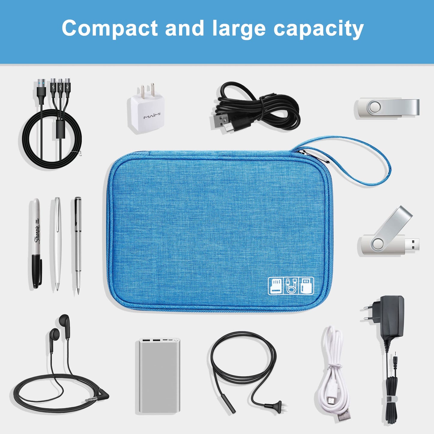 SELLYFELLY Travel Electronics Organizer Portable Cable Organizer Bag for Storage Electronic Accessories Case for Cord,Phone,Charger,Flash Drive (Sky Blue)