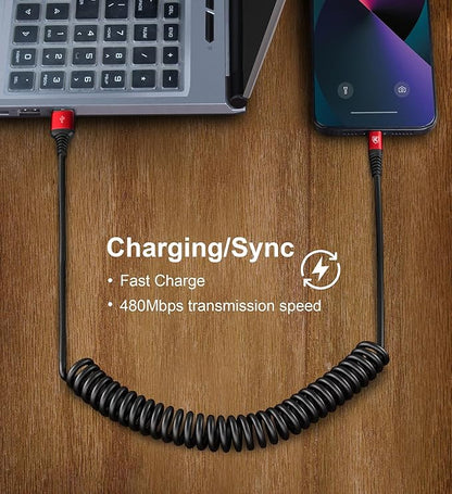 iPhone Charger Cable 6FT for Carplay, Coiled Lightning Cable 2 Pack - Red