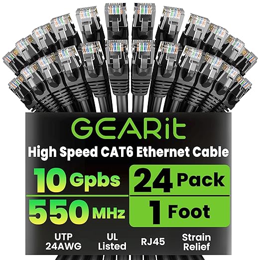 GEARit Cat 6 Ethernet Patch Cables 1 ft Black (Cat 6 Ethernet Cables 1 ft 24-Pack), CAT6 High Speed 24AWG 10Gbps RJ45 Snagless Gold-Plated, Ethernet Cable for Router, Switch, PC, PS5 Gaming, Server