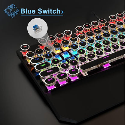 MageGee Typewriter Mechanical Gaming Keyboard, Retro Black Punk Round Keycaps RGB Rainbow Backlit Wired Keyboards for Laptop MAC PC Gamer, with Magnetic Wrist Rest - Blue Switch