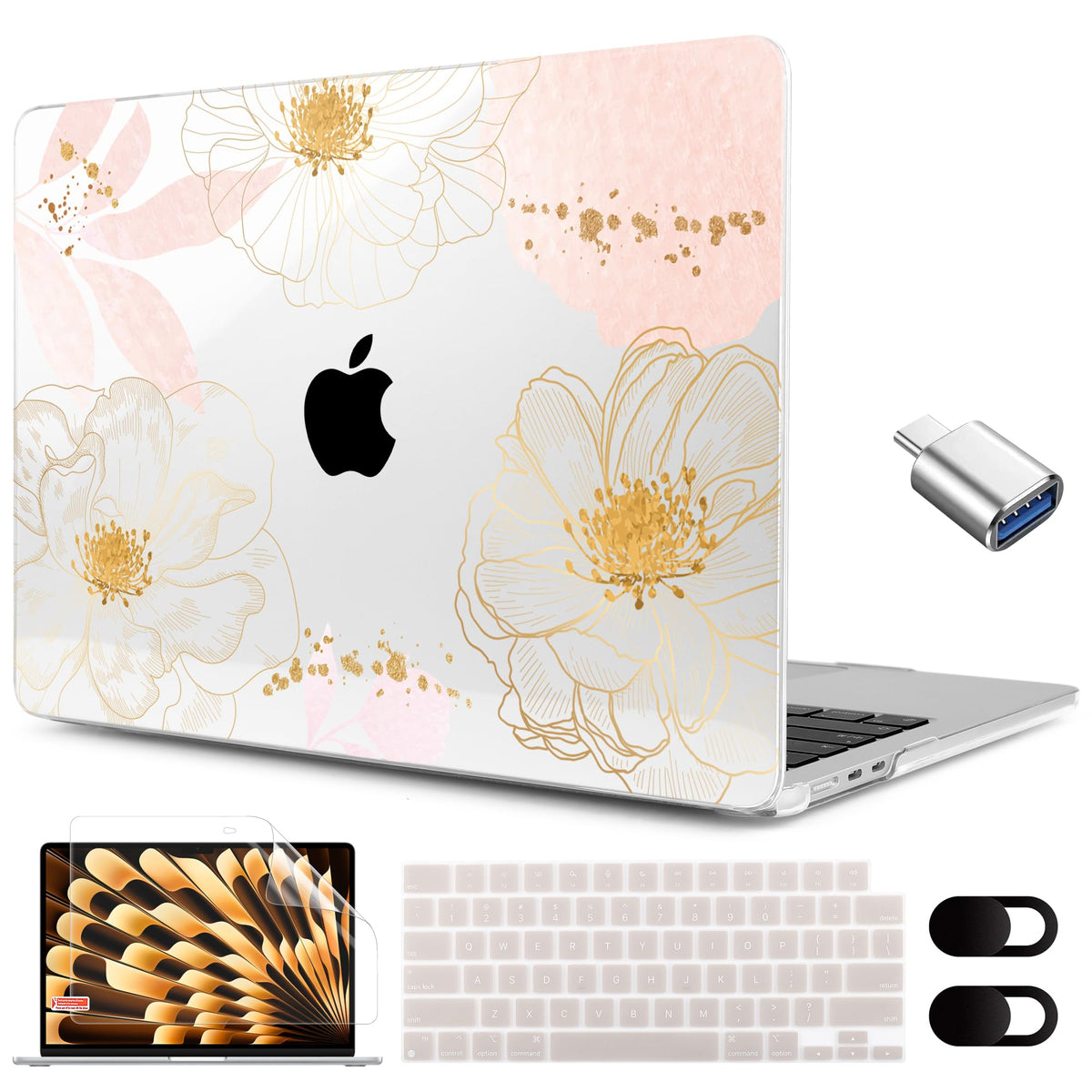 MEEgoodo for M5/M4/M3/M2 MacBook Air 15 inch Case 2026 2025 2024 2023, Case Fit Model (A3448/A3241/A3114/A2941) for MacBook Air 15.3 inch, Gold Flowers Lilies