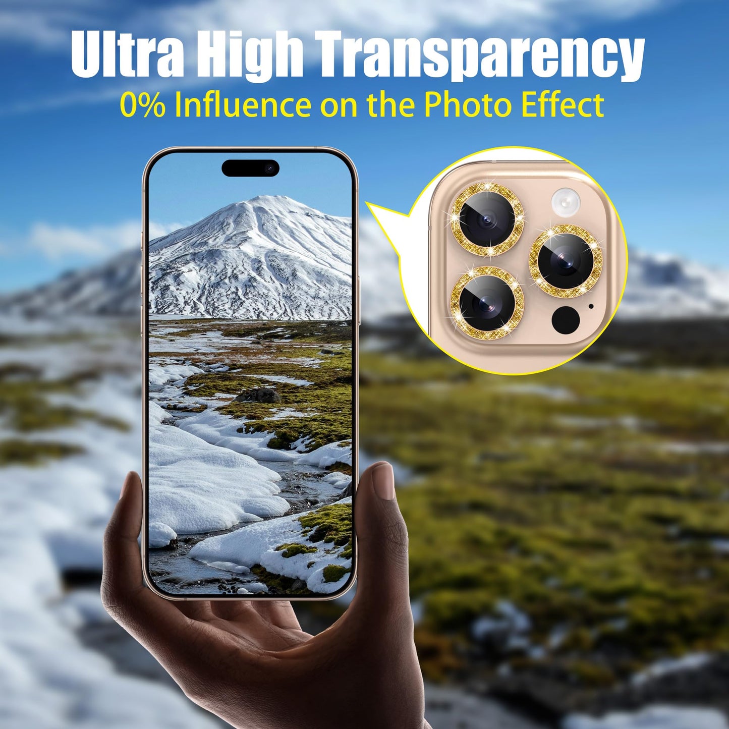 AGVEE 16 Pro & Max 3+3 6 Pack for iPhone 13 6.1" / 13 Mini 5.4" Camera Lens Protector, Bling Diamond & Bling Glitter Metal Ring 9H Tempered HD Glass Camera Cover Film, Glitter-Desert