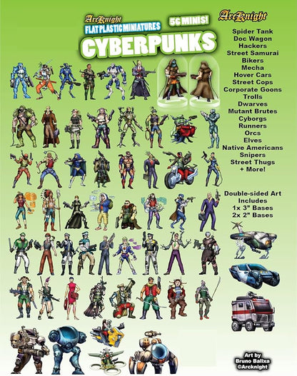 Arcknight Flat Plastic Miniatures: Cyberpunks; 56 Unique Sci-Fi-Themed Minis for Starfinder; Affordable, Skinny Figurines for SF, Shadowrun, and Other Tabletop RPG Games