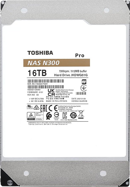 Toshiba N300 PRO 16TB Large-Sized Business NAS (up to 24 bays) 3.5-Inch Internal Hard Drive - Up to 300 TB/year Workload Rate CMR SATA 6 GB/s 7200 RPM 512 MB Cache - HDWG51GXZSTB