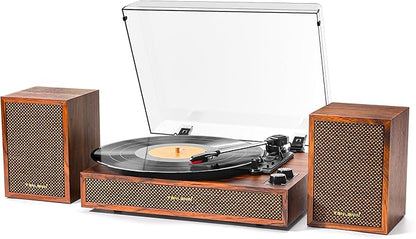 Vinyl Record Player with External Speakers, 3 Speed Vintage Stereo Turntable for Vinyl Records, Bluetooth Input, Auto Stop & Belt Driven System, RCA Out and Aux in - Brown Wood