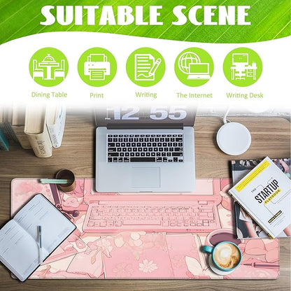 Eflxamz Large Gaming Mouse Pad for Desk,Pink Kawaii Anime Girl Desk Desk Mat,Kawaii Anime Desktop Desk Pad,Extended Big Computer Keyboard Mouse Pad with Non-Slip Base and Stitched Edge,31.5"x11.8"