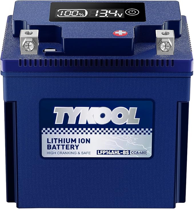 TYKOOL YTX14AHL-BS LiFePO4 Lithium Motorcycle Battery,12.8V 8Ah,480CCA,Digital Readout,Powersports Battery, Fits for Motorcycle,ATV,Snowmobile,PWC. 3X Cranking Amps,5X Longer Life.Fast Charging.