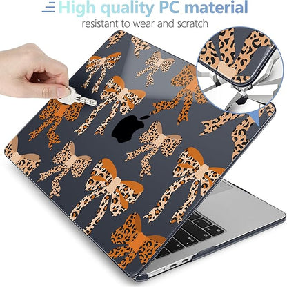 MEEgoodo Case for MacBook Air M4/M3/M2 13.6 inch 2025 2024 2022, Fit Model A3240 A3113 A2681, Compatible with MacBook Air 13 inch, Laptop Hard Shell with Keyboard Cover, Ribbon Bow with Leopard Skin