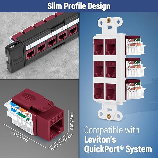 Everest 45 Degree RJ45 Cat6 Keystone Jacks Slim Profile 50-Pack Red