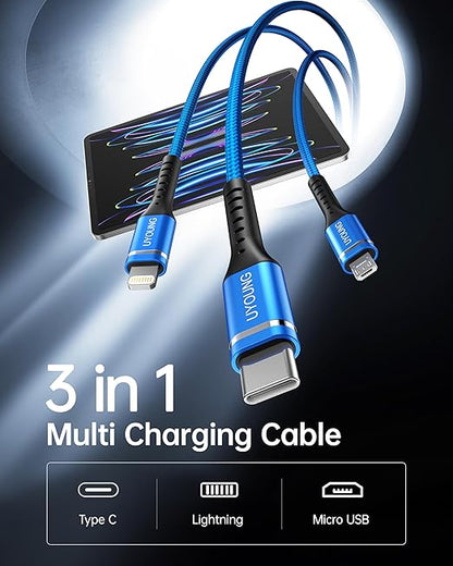 Multi Charging Cable 2Pack 4FT, 3 in 1 Charger Cable Braided Universal Phone Charging Cord with Lightning/Type C/Micro USB Ends, Multiple USB Cable for iPhone/Samsung/Google Cell Phones and More