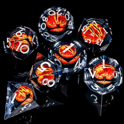 ARUOHHA DND Resin Dice Gazes Eye Dice Liquid Core Flaming RPG Sharp Edged Dice Set with Gift Box, Polyhedral D and D Dice Set Compatible with Dungeons Dragons Role Playing Game D20 D12 D10 D8 D6