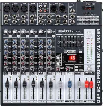Boytone Dj Mixers 8 Channel Audio Mixer Sound Board with Bluetooth, USB MP3 Port Player with 48V Phantom Power Sounds Mixer with 16 Bit FX Effect, BT-80MX