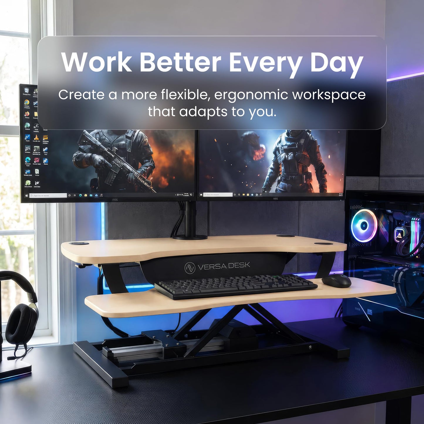 VERSADESK PowerPro 40 Inch Electric Standing Desk Converter – Push-Button Height Adjustable Sit to Stand Desk Riser for Triple Monitors & Laptop – Motorized Desktop Workstation with Wide Keyboard Tray