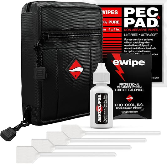 Photographic Solutions Digital Survival Kit - Type-1 (20mm) Sensor Swabs, PEC-PAD Photo Wipes, E-Wipe Packet, Aeroclipse Optic Cleaner Non-Flamable Solution - Camera Cleaning Kit with Travel Bag