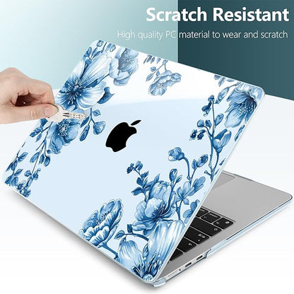 TWOLSKOO Compatible with M4 MacBook Air 13.6 inch Case 2025-2022 Release M4 A3240 M3 A3113 M2 A2681, Plastic Hard Shell & Keyboard Cover & Type C Adapter & Screen Protector, Blue Chinoiserie