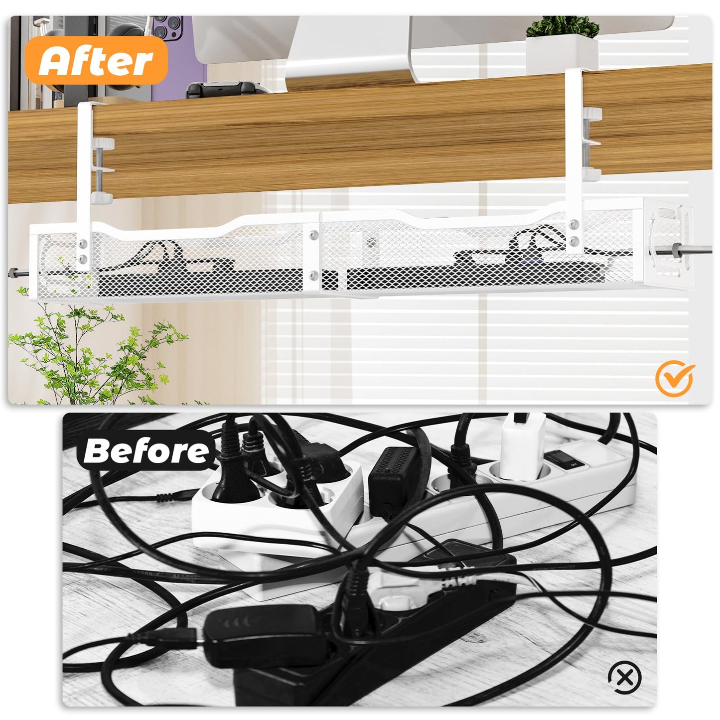 Under Desk Cable Management Tray, No Drill Steel Desk Cable Organizers, Wire Management Tray Cable Management Rack (24.4" Length-White)