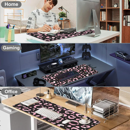 Mouse Pad, Large Rose Pink Leopard Printings Desk Mat, Extended Non-Slip Gaming Keyboard Mousepad Desk Pad, Thick Stitched Edges Waterproof Mouse Mat 31.5"x15.7" (Glittery Leopard Prints)