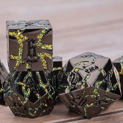 7PCS DND Dice Set,Metalli Crack Stripe Dice Set with Gift BOC,Dungeons and Dragons Polyhedral Metal Dice for RPG Board Games (Black Nickel Yellow)