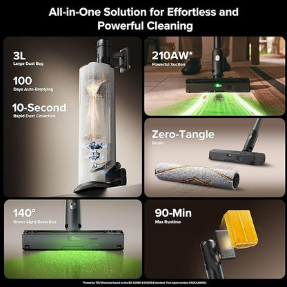 roborock H60 Hub Ultra Cordless Vacuum Cleaner with Auto-Empty Dock, Upgraded 210AW Suction Stick Vacuum for Home and Hard Floors, 90-Min Runtime, Anti-Tangle Brush, 140° Green LED Dust Detection