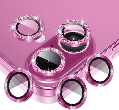 AGVEE 3+3 6 Pack for iPhone 16 6.1" / 16 Plus 6.7" Camera Lens Cover Protector, Bling Glitter & CD-Textured Metal Ring 9H Tempered HD Glass Camera Cover Protector Film, Glitter-Rose