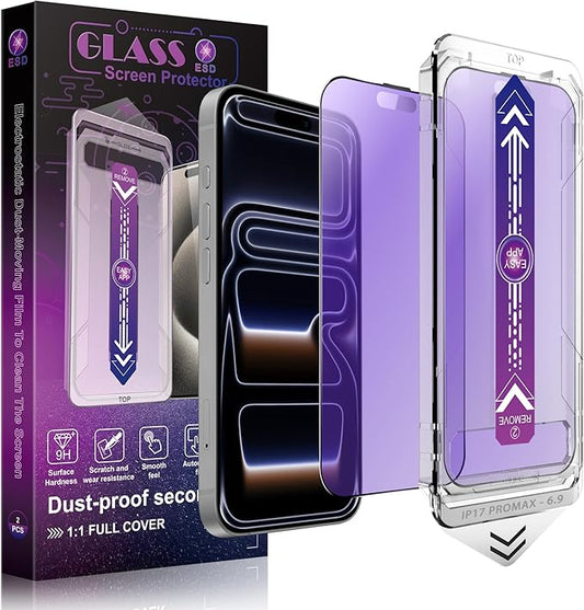Anti Blue Light Matte Screen Protector for iPhone 17 Pro Max 6.9-Inch, Auto Dust Removal, 9H Tempered Glass, Full Cover, Anti-Fingerprint, Easy Installation, 2 Pack