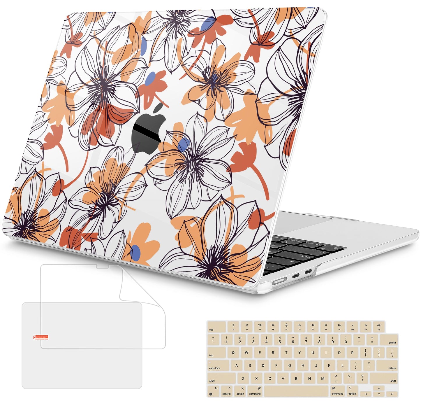 Mektron Compatible with M4 MacBook Air 15 inch Case 2025 A3241 2024 2023 M3 A3114 A2941 M2 Liquid Retina Display Touch ID, Plastic Hard Case & Keyboard Skin & Screen Protector - Floral C345