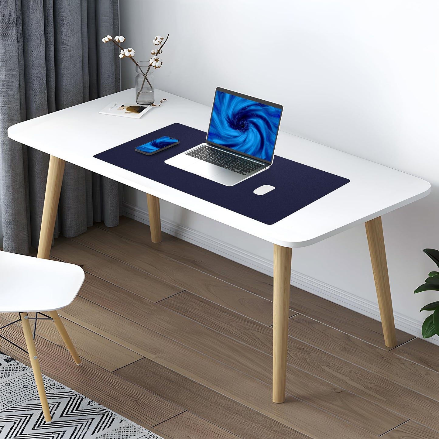 AFIING Cork Desk Mat 23.6 x 13.7, Dual-Sided Cork & PU Leather Desk Pad, Waterproof Non-Slip Desk Protector for Home Office, Study Desk & Minimalist Workspace Blue