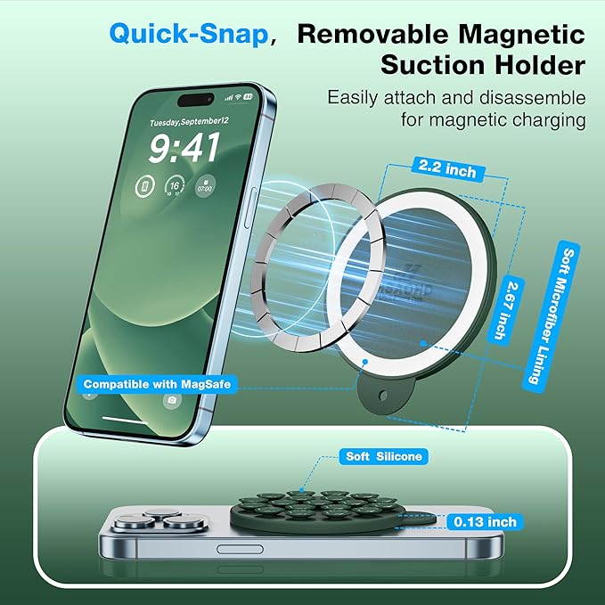 HSAOHD Magnetic Suction Cup Phone Mount, Compatible with MagSafe, Silicone Octo Cup Buddy Sticky Grip Holder for iPhone and Android, Removable Hands-Free Selfie/Video for TikTok, Alpine Green