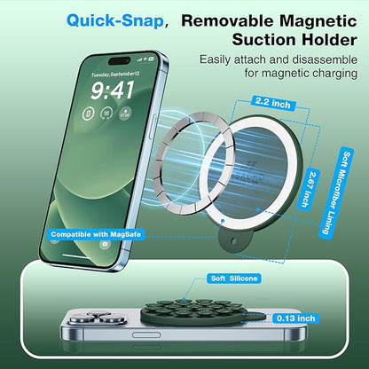 HSAOHD Magnetic Suction Cup Phone Mount, Compatible with MagSafe, Silicone Octo Cup Buddy Sticky Grip Holder for iPhone and Android, Removable Hands-Free Selfie/Video for TikTok, Alpine Green