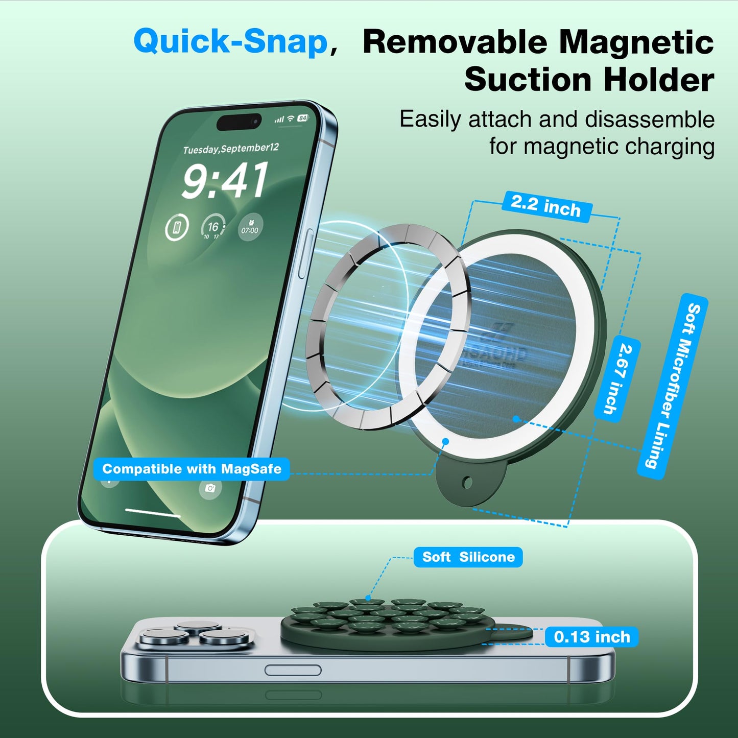 HSAOHD Magnetic Suction Cup Phone Mount, Compatible with MagSafe, Silicone Octo Cup Buddy Sticky Grip Holder for iPhone and Android, Removable Hands-Free Selfie/Video for TikTok, Alpine Green