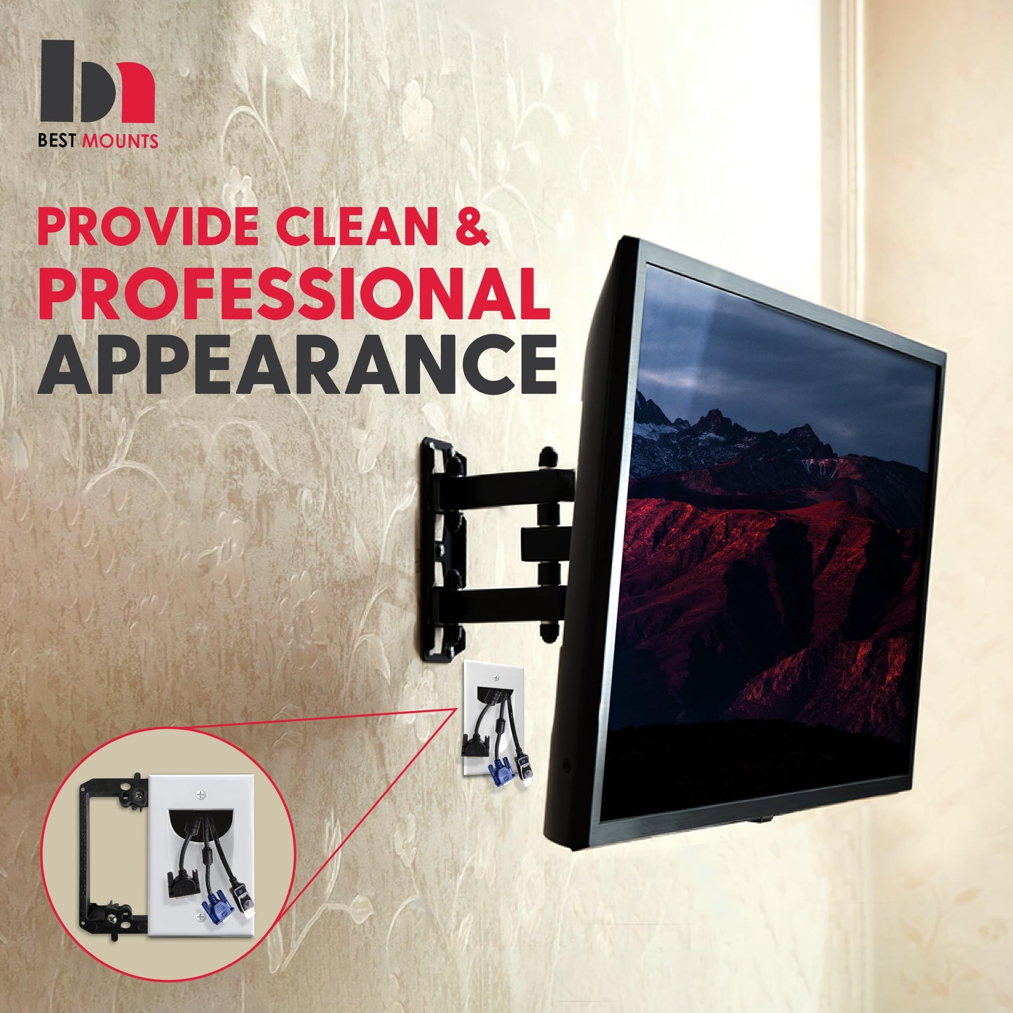 1 Pack Wall Plate Cable Pass Through with Bracket - In Wall Cable Management Kit - Recessed Cable Wall Plate Pair with Single Gang Low Voltage Mounting Bracket - Decorator Cover for Low Voltage Cables