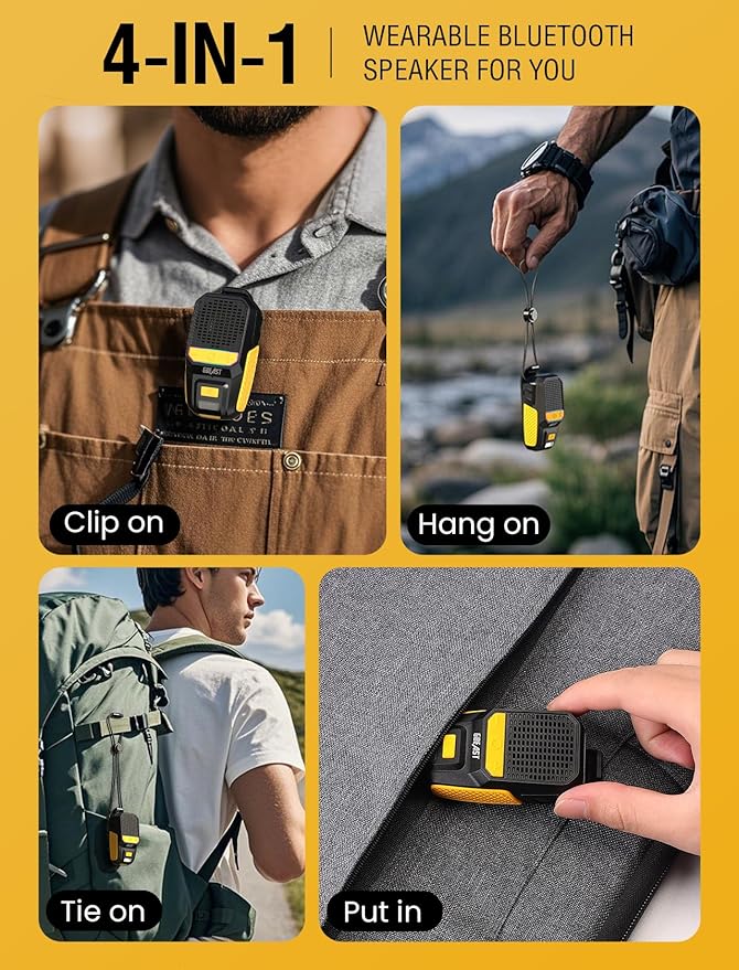 GBEAST Wearable Bluetooth Speaker, Clip-On Mini Portable Speakers All Day Playtime Waterproof Built-in Mic for Hands-Free Music/Calls Bluetooth Speaker with RGB/Flashlight for Jobsite/Outdoor/Golf