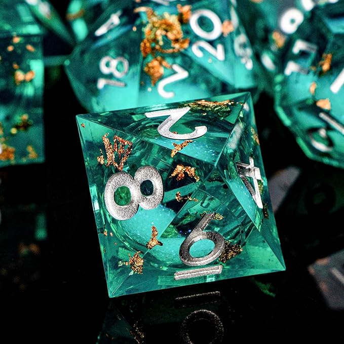 DND Dice Green Liquid Core Dice Set with Metal Box, Handmade Sharp Edge D and D Polyhedral Dice for use with RPG D&D Role Playing Game