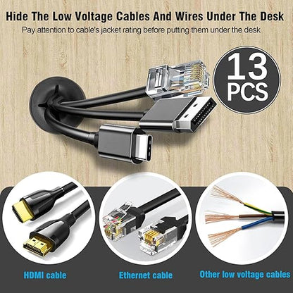 1" Black Desk Grommet, JTemgle Flexible Cable Grommet with Bi-Metal Hole Saw Cross Rubber Cable Hole Cover Wire Organizer Caps Desktop Cord Management for Home Office TV Stands Tabletops, 13 Pieces